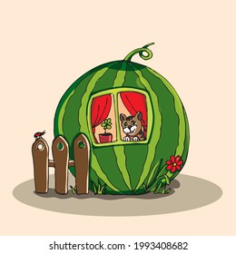 the gardener cat lives in a watermelon house