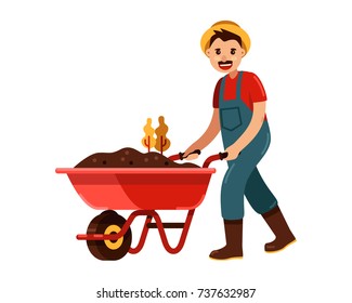 gardener character. farmer with wheelbarrow of earth and plants vector illustration