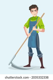 gardener character and grass cutting sickle, flat vector design