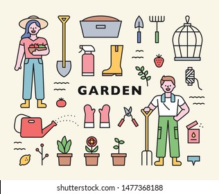 Carácter jardinero. Herramientas iconos para jardinería. ilustración vectorial mínima de diseño plano.