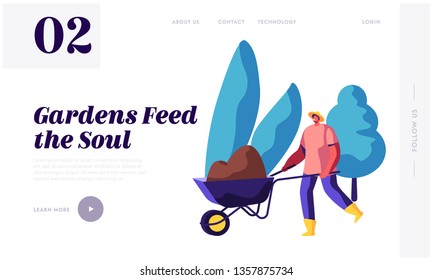 Gardener Character at Work Landing Page. Man in Uniform Working in the Garden Growing Tree and Plants with Tools. Organic Gardening Concept Website, Web Page Banner. Vector flat illustration