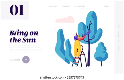 Gardener Character at Work Landing Page. Man in Uniform Working in the Garden Growing Tree and Plants with Tools. Organic Gardening Concept Website, Web Page Banner. Vector flat illustration