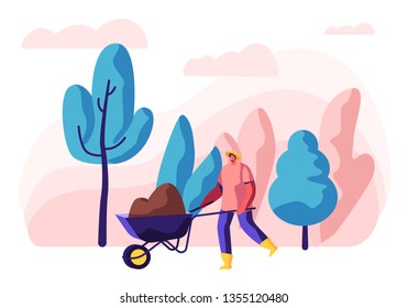 Gardener Character at Work. Man in Uniform Working in the Garden Growing Tree and Plants with Tools. Organic Gardening Concept. Vector flat illustration