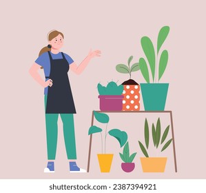 Gardener character. Young female florist, planting green in pots. Home garden hobby, woman sale plants or care about flora, vector scene