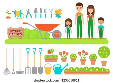 Gardener characters, garden tools. Vector. Gardening collection. Farm family in green overalls, boots.  Instrument icons for horticulture. Set isolated on white background. Cartoon flat illustration.