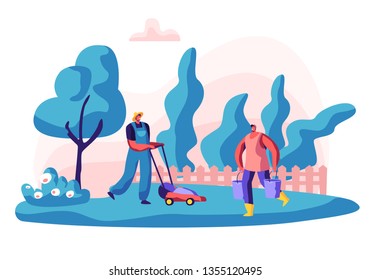 Gardener Characters at Work. Man Working in the Garden Trimming Grass and Care Plants with Tools. Organic Gardening Concept. Vector flat illustration