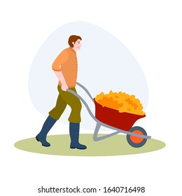 Gardener Cleaning Yellow Leaves In The Garden vector illustration from hobbies collection. Flat cartoon illustration isolated on white