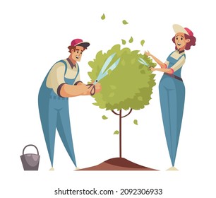 Composición de jardinero con caracteres de doodle de jardineros machos y hembras que recortan ramas de árboles ilustración vectorial