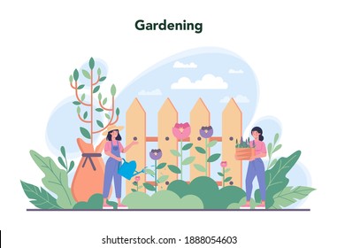 Gardener concept. Idea of horticultural designer business. Character planting trees and bush. Special tool for work, shovel and flowerpot, hose. Isolated flat illustration