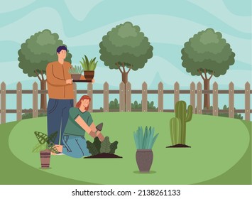 gardener couple planting gardening characters