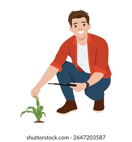 Gardener agachamentos ao lado de uma pequena planta, inspecionando cuidadosamente seu crescimento com um pau na mão. Ilustração de vetor plano isolada no plano de fundo branco