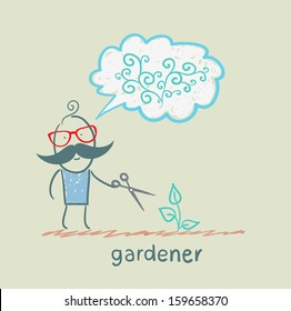 Gardener cuts a bush and think about the beautiful plants