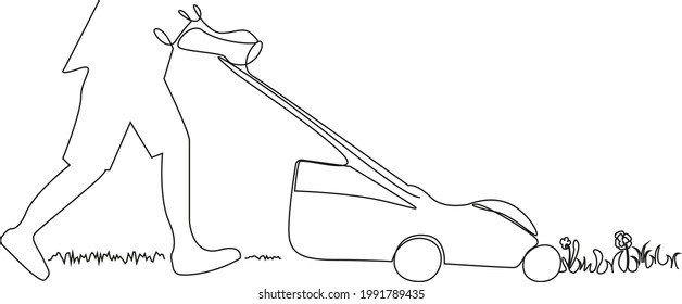 Gardener cuts grass on the lawn with the lawn mower. Machine for cutting lawns, gardening grass-cutter. Vector lineart, one line illustration