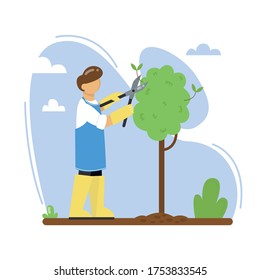 A gardener cuts a tree in the garden. A man pruning branches of a tree with pruner. Vector illustration.