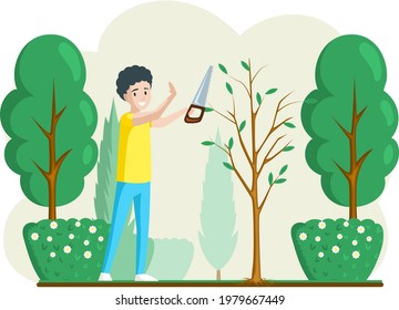 Gardener cuts a tree. Pruning bushes and garden maintenance. Man cuts branches on landscape design background. Guy sawing plant with hand saw. Professional garden worker working in spring in backyard