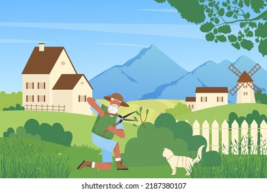 Gardener cutting bushes with scissors vector illustration. Cartoon old man with beard pruning plants and shrubs in village garden near house, grandfather in hat working with hedgerow background