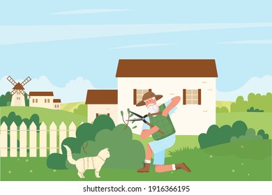 Gardener cutting green bush hedge vector illustration. Cartoon elderly senior man character trimming lawn, working in summer garden or park, holding pruning shears trimmers to trim greenery background