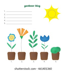 Gardener diary with a line for entry. plant icons and flower pots