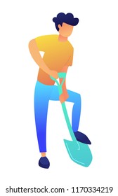 Gardener digging the ground with shovel vector illustration. Farming and agriculture, cultivation tools and gardening, environment protection and planting concept. Isolated on white background.