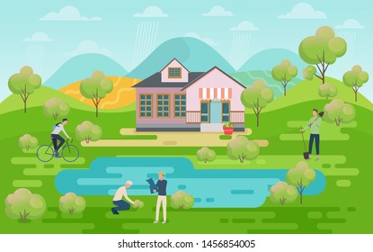 The gardener doing plants in farm. Summer rural landscape with village houses and river, meadow with green grass, agriculture and farming vector Illustration on a white background