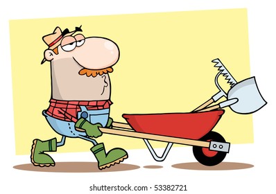 Gardener Drives A Barrow With Tools