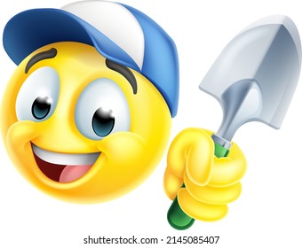 A gardener emoticon cartoon face holding a trowel spade icon