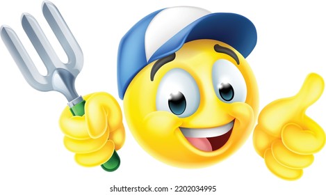 A gardener emoticon cartoon face holding a fork and giving a thumbs up icon