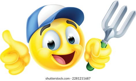 A gardener emoticon cartoon face holding a fork and giving a thumbs up icon