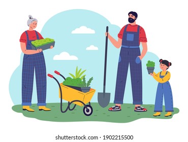 Gardener with equipment and a pot with greenery working flat vector illustration. Family in the garden. Pleasant active rest in the garden. Plants cultivating and nursery. Microgreen