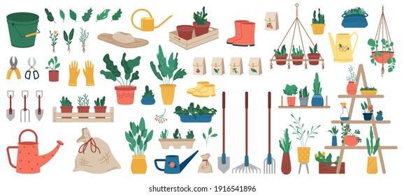 Gardener equipment, set of planting, gardening and farming objects and plants in flowerpots isolated icons. Vector garden tools, rakes and shovels, potted flowers and watering can, bucket and cutters