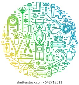 Gardener farm worker with Equipment in circle concept illustration. Line art modern style, Elements for icon, banner, isolated on white background. Design in circle for emblem, sticker, cover.


