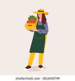 Gardener farmer girl holding box, crate with fresh organic vegetables from farm. Organic food illustration. 