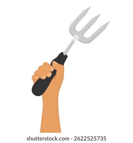 Gardener, farmer hand hold garden fork, ripper isolated on white background. Gardening tool. Vector illustration
