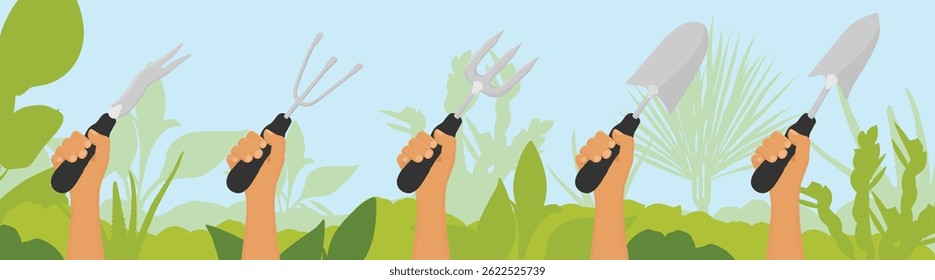 Gardener, farmer hand hold various gardening tools garden shovel, fork, ripper on greenery garden background. Vector illustration