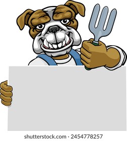 A gardener, farmer or handyman bulldog dog cartoon mascot man holding a gardening tool