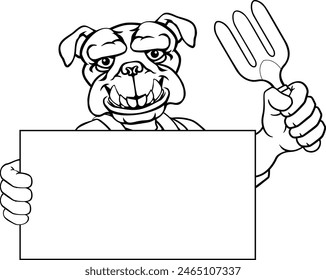 A gardener, farmer or handyman bulldog dog cartoon mascot man holding a gardening tool