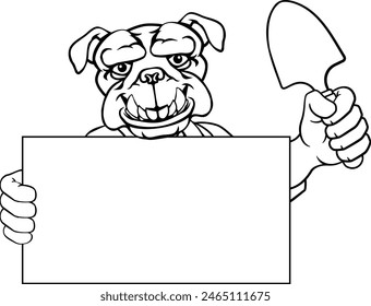 A gardener, farmer or handyman bulldog dog cartoon mascot man holding a gardening tool