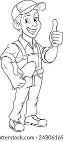 A gardener, farmer or handyman cartoon mascot man holding a gardening tool