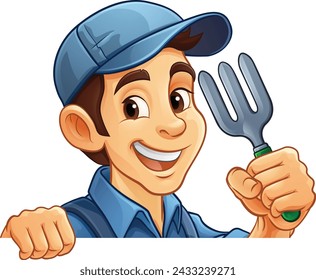 A gardener, farmer or handyman cartoon mascot man holding a gardening tool