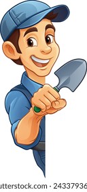 A gardener, farmer or handyman cartoon mascot man holding a gardening tool