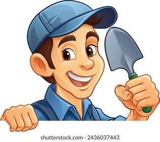 A gardener, farmer or handyman cartoon mascot man holding a gardening tool