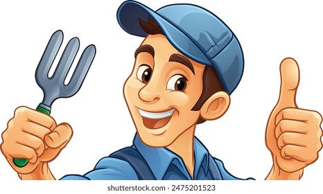 A gardener, farmer or handyman cartoon mascot man holding a gardening tool