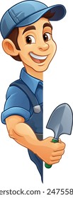 A gardener, farmer or handyman cartoon mascot man holding a gardening tool