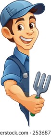 A gardener, farmer or handyman cartoon mascot man holding a gardening tool