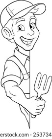 A gardener, farmer or handyman cartoon mascot man holding a gardening tool