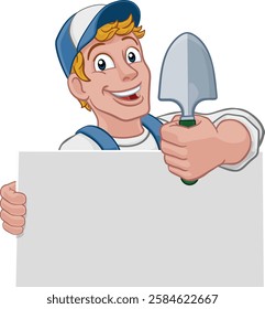 A gardener, farmer or handyman cartoon mascot man holding a gardening tool