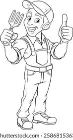 A gardener, farmer or handyman cartoon mascot man holding a gardening tool