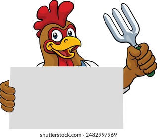 A gardener, farmer or handyman chicken rooster cartoon mascot man holding a gardening tool