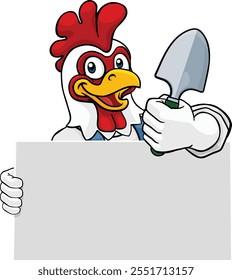 A gardener, farmer or handyman chicken rooster cartoon mascot man holding a gardening tool