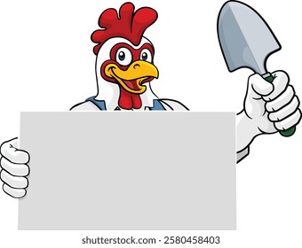 A gardener, farmer or handyman chicken rooster cartoon mascot man holding a gardening tool